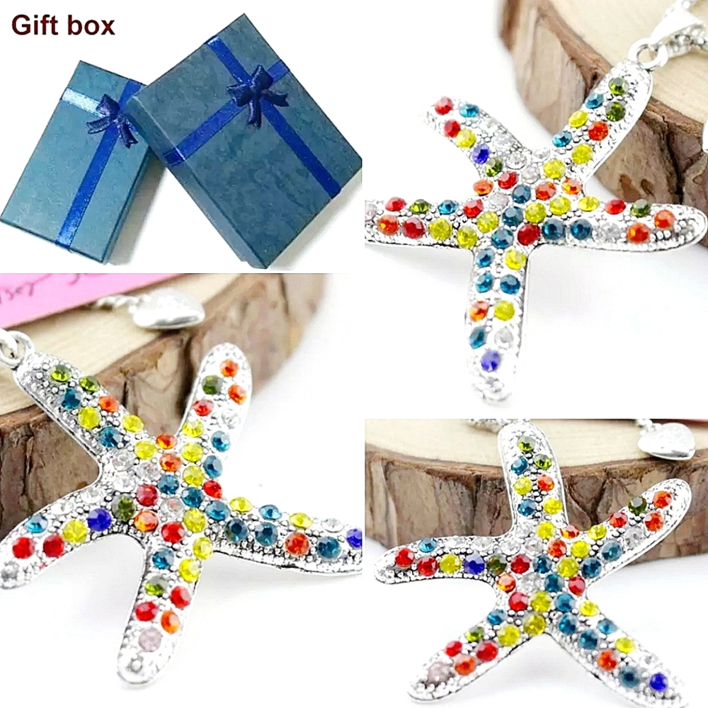 Silver multicolored crystal starfish pendant necklace
